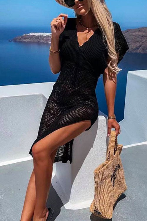 Wrap V Neck Tie Waist Side Split Cover Up Dress Black OneSize