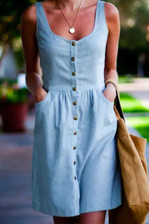 Buttons U Neck Sleeveless Striped Dress with Pockets Blue