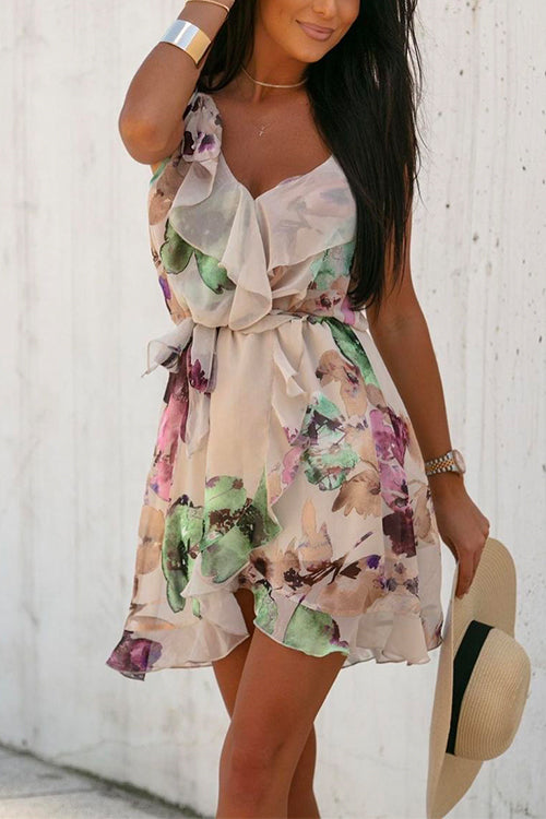 V Neck Tie Waist Ruffle Printed Cami Dress
