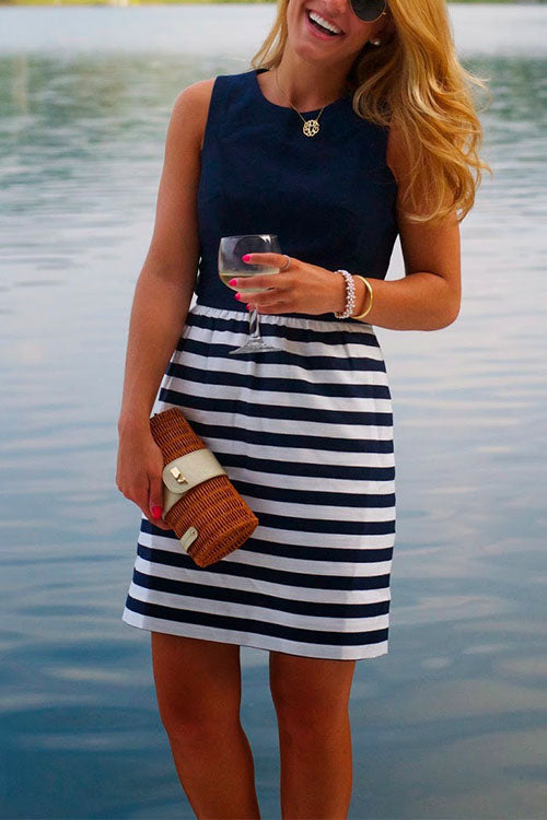 Casual Crewneck Sleeveless Stripes Dress Navy
