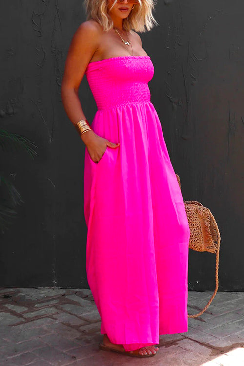 Strapless Smocked Pocketed Wide Leg Jumpsuit