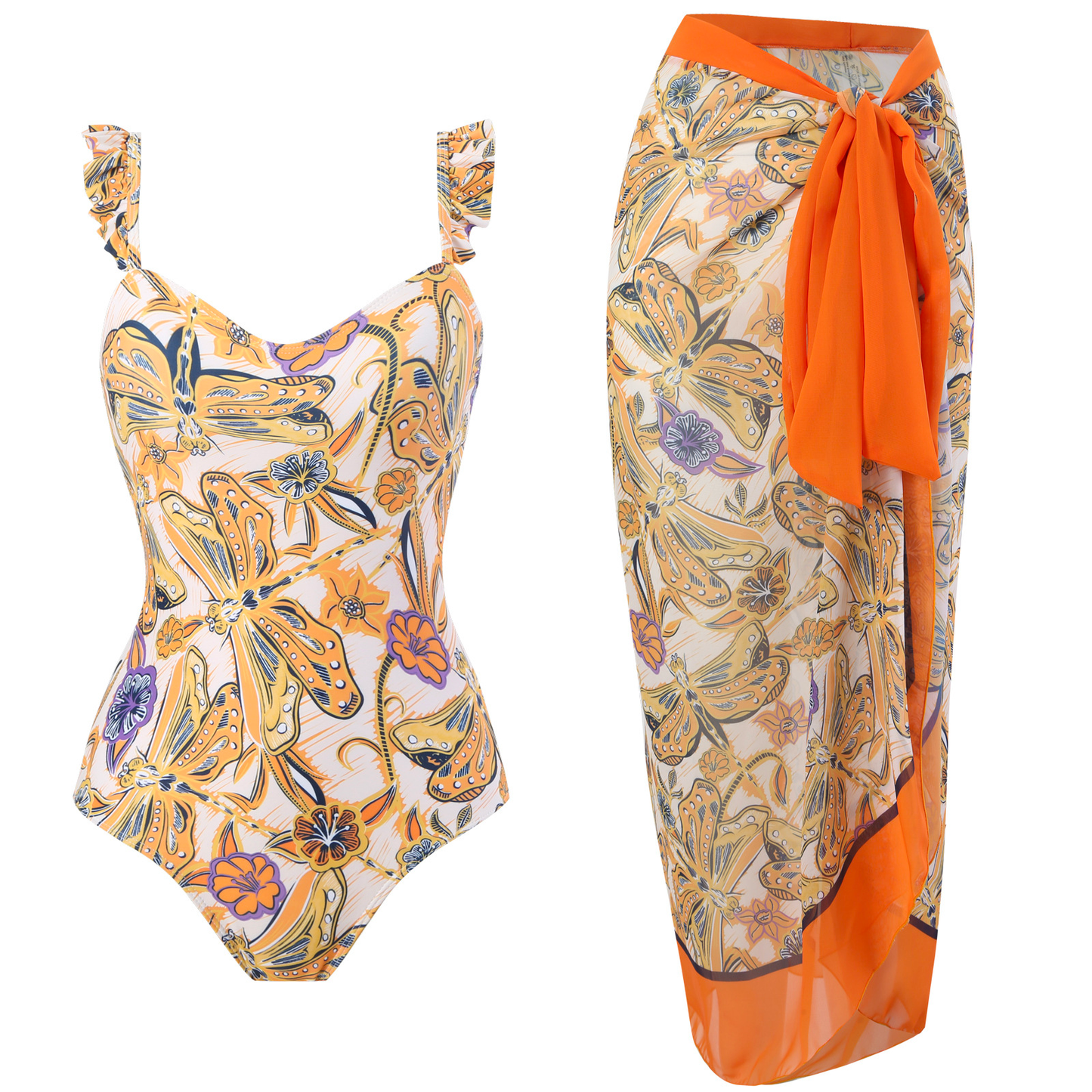 Dragonfly Print Ruffle One-piece Swimsuit and Wrap Cover Up Skirt Set Yellow