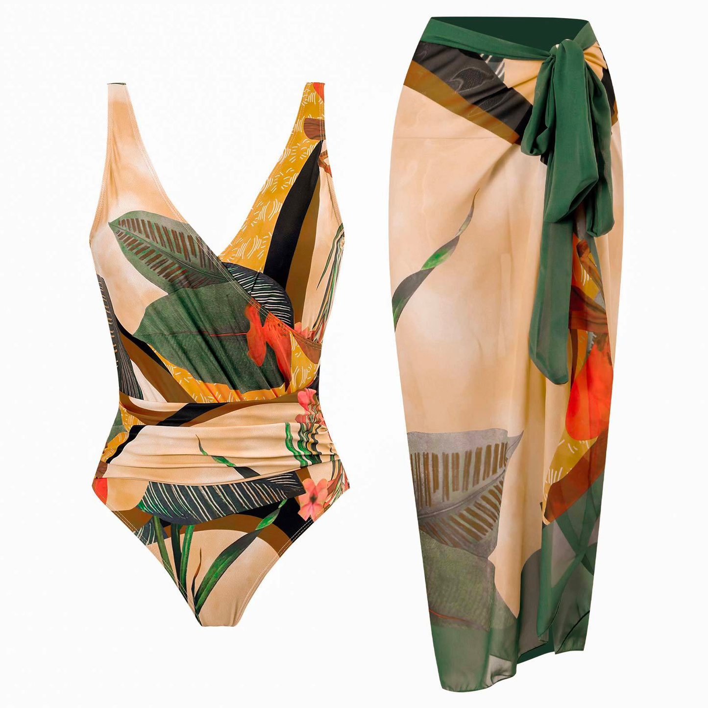 Wrap V Neck Ruched One-piece Swimsuit and Wrap Cover Up Skirt Printed Set Print