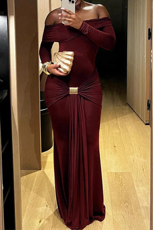 Schulterfreies, figurbetontes Maxi-Partykleid mit Knoten vorne