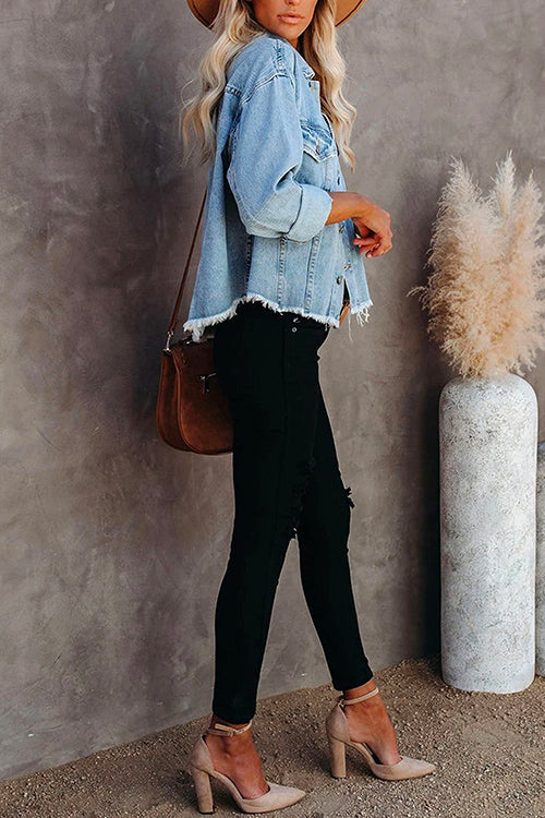 Raw Hem Button Down Short Denim Jacket