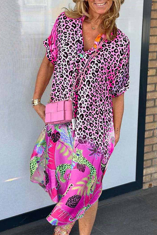 Short Sleeves Side Slit Leopard Splice Printed Midi Dress