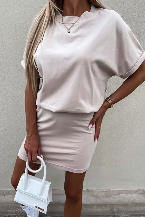 Crewneck Short Sleeve Waisted Solid Mini Dress Apricot