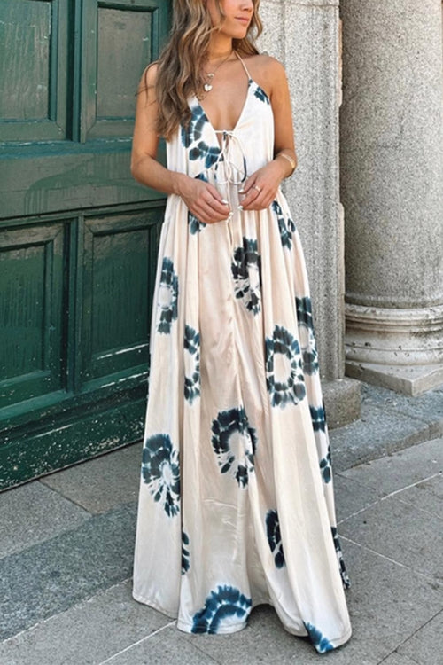 Halter V Neck Open Back Printed Swing Maxi Vacation Dress