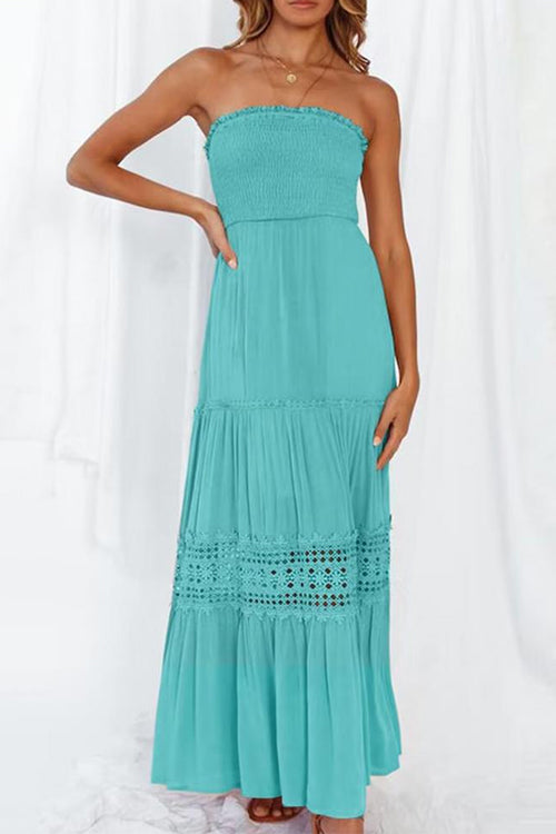 Strapless Tube Hollow Out Lace Splice Tiered Maxi Dress Mint Green