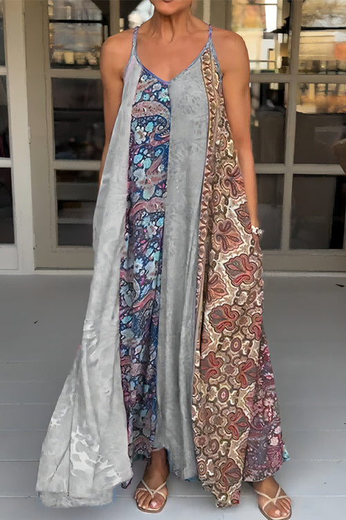 V Neck Color Block Printed Swing Maxi Cami Vacation Dress