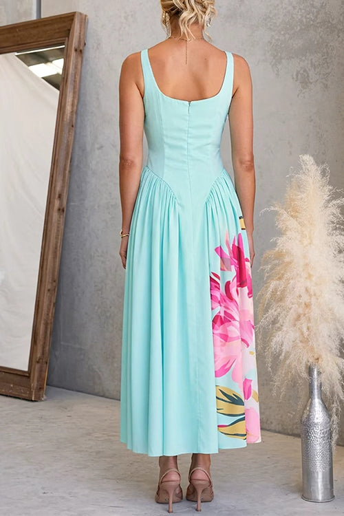 V Neck Sleeveless Basque Waist Floral Print Maxi Dress