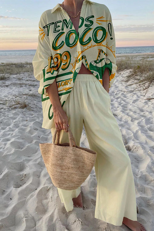 Long Sleeves Button Up Shirt Wide Leg Pants Printed Holiday Set Yellow