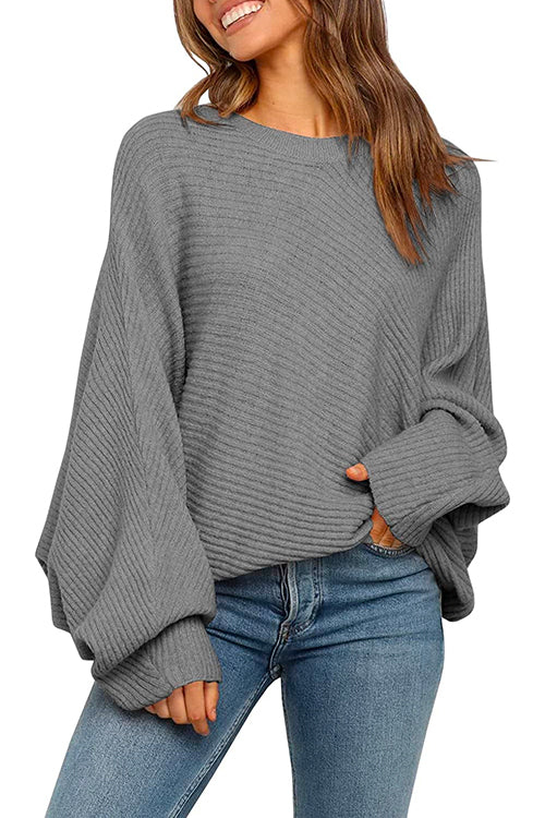 Batwing Long Sleeves Ribbed Knit Tunic Sweater Gray