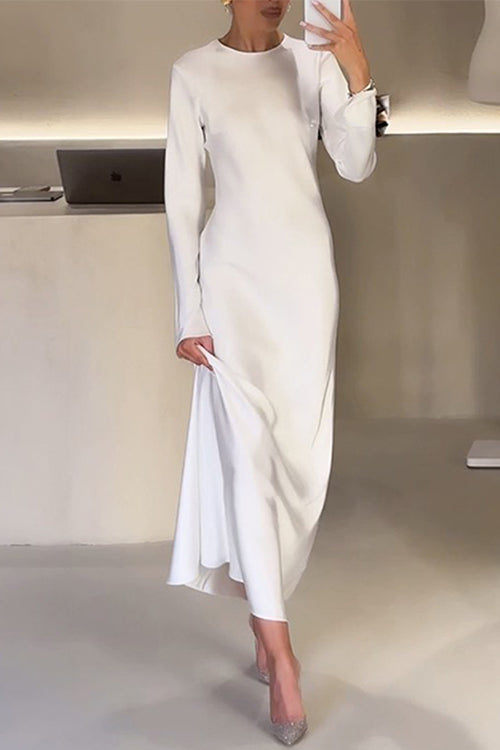 Maxi-Partykleid aus Satin mit Rundhalsausschnitt und langen Ärmeln