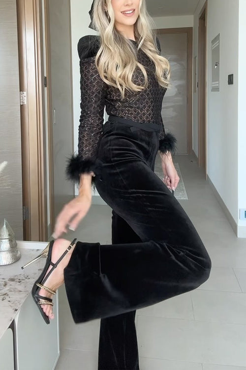 Feather Cuffs Bell Bottom Velvet Splice Jumpsuit