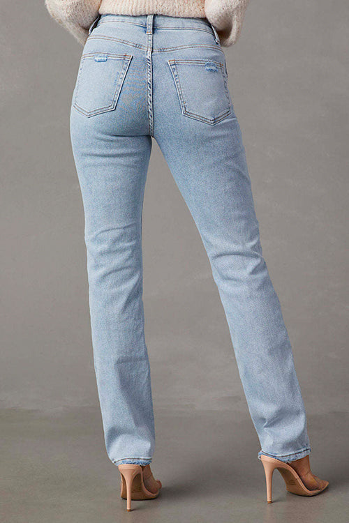 Raw Hem Distressed Straight Leg Denim Pants
