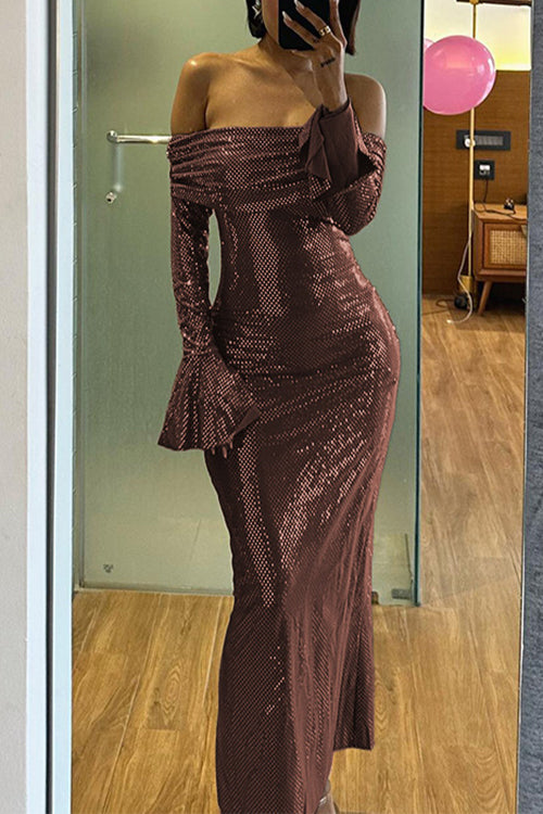Off Shoulder Long Sleeves Sparkly Maxi Party Dress