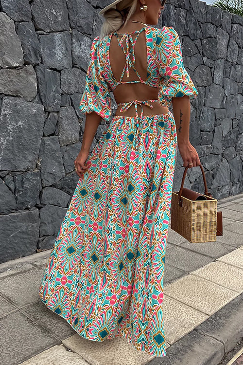Robe longue de vacances imprimée à lacets et manches bouffantes