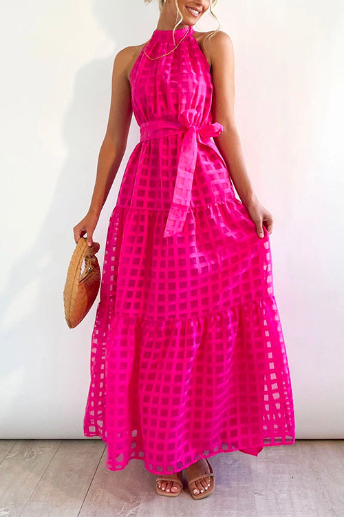 Mockneck Tie Waist Ruffle Tiered Plaid Mesh Maxi Swing Dress HotPink