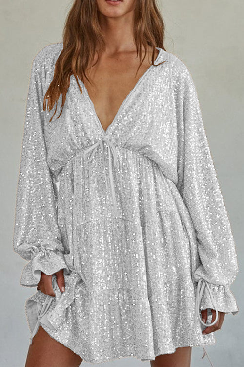 Rückenfreies Paillettenkleid mit V-Ausschnitt, Ballonärmeln und Kordelzug (in 4 Farben)