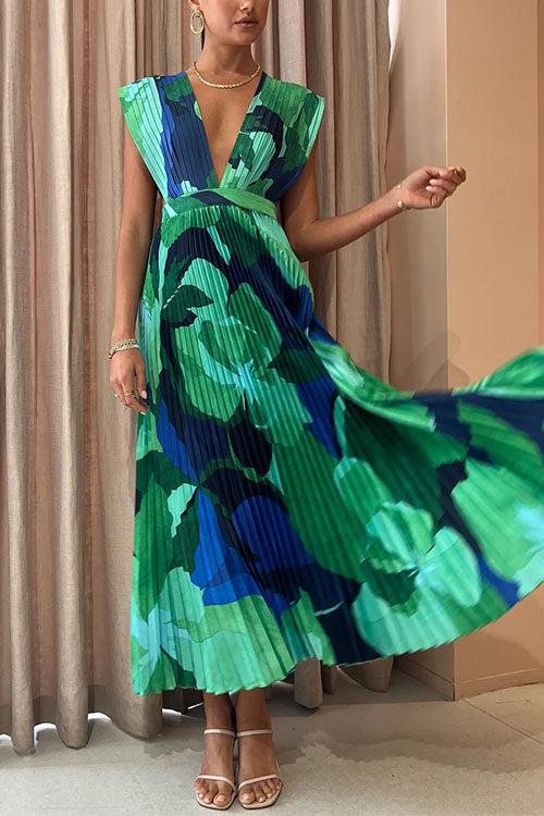 V Neck Waisted Back Cut Out Printed Maxi Pleated Dress