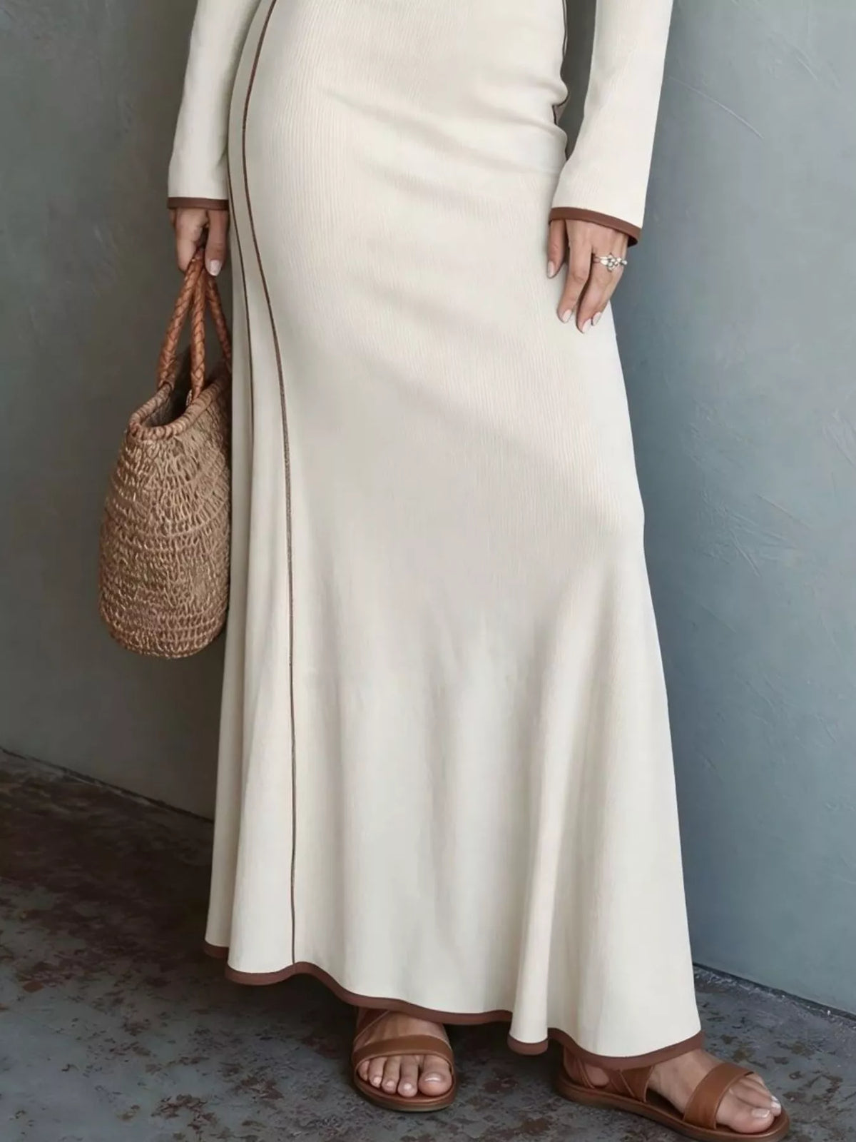 Full Size Contrast Trim Zip-Up Long Sleeve Knit Maxi Dress Plus Size