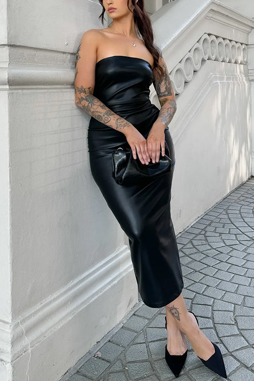 Strapless Tube Faux Leather Bodycon Midi Dress