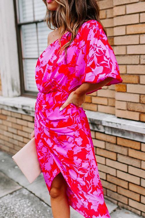 One Shoulder Waisted Ruched Floral Dress