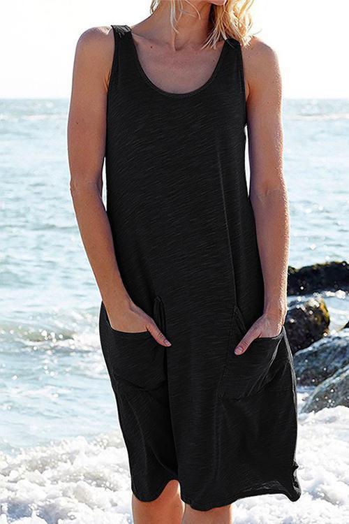Sleeveless Pockets Plain T Shirt Dress Black