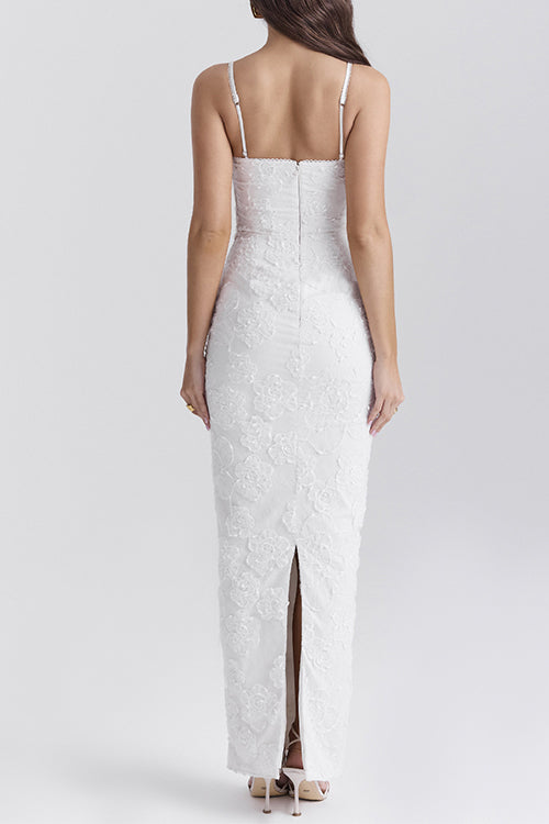 Spaghetti Strap Back Slit Floral Lace Bodycon Maxi Dress