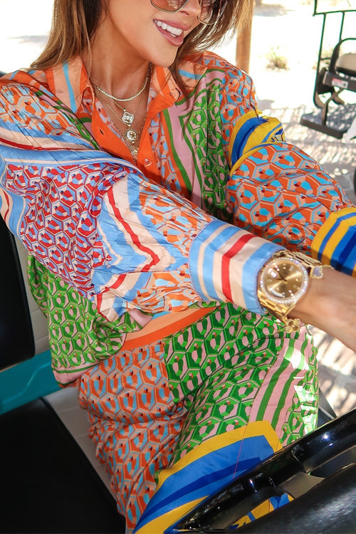 Unique Print Balloon Sleeves Button Up Shirt Elastic Waist Jogger Pants Holiday Set