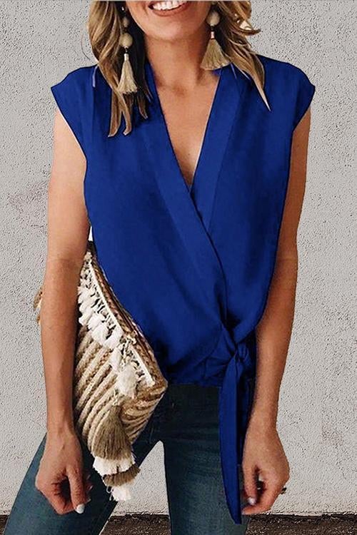 Elyse V Neck Tie Waist Wrap Top NavyBlue