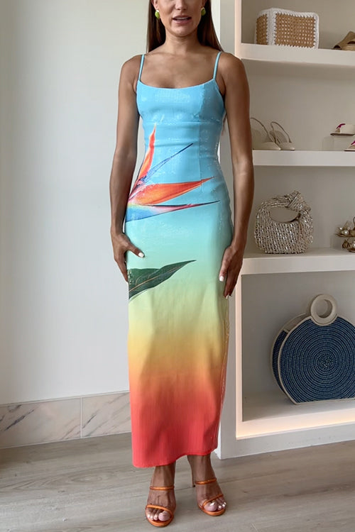 Back Slit Gradient Printed Sequin Maxi Cami Dress