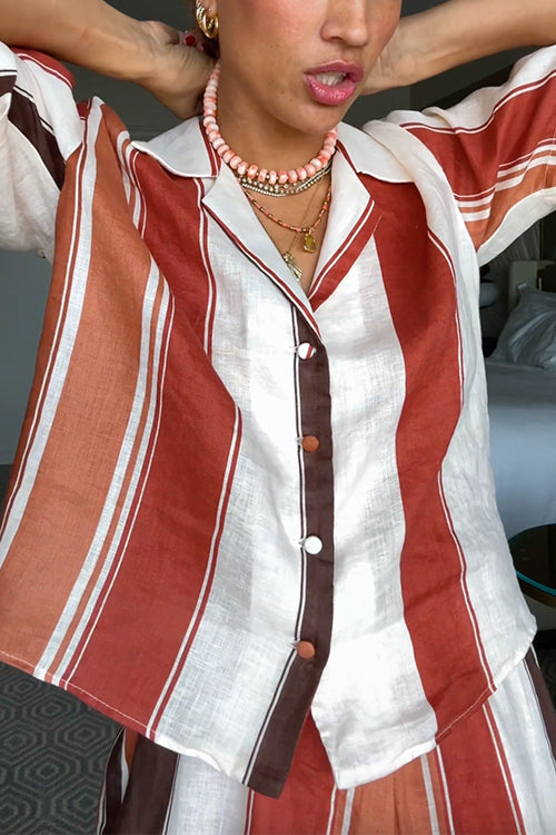 Striped Short Sleeves Button Down Shirt Wide Leg Pants Set