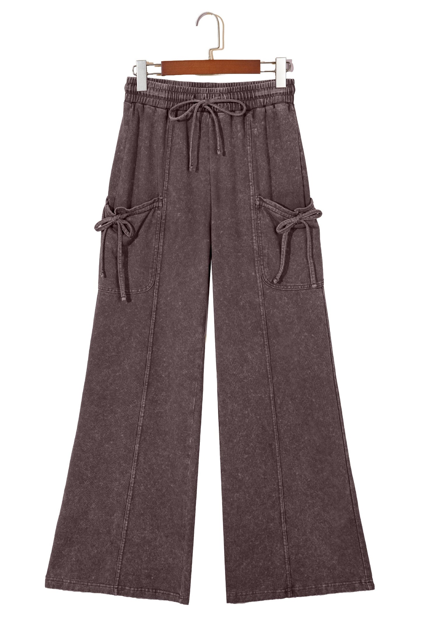 Dark Brown Cotton Mineral Wash Elastic Waist Drawstring Tie Detail Cargo Pants