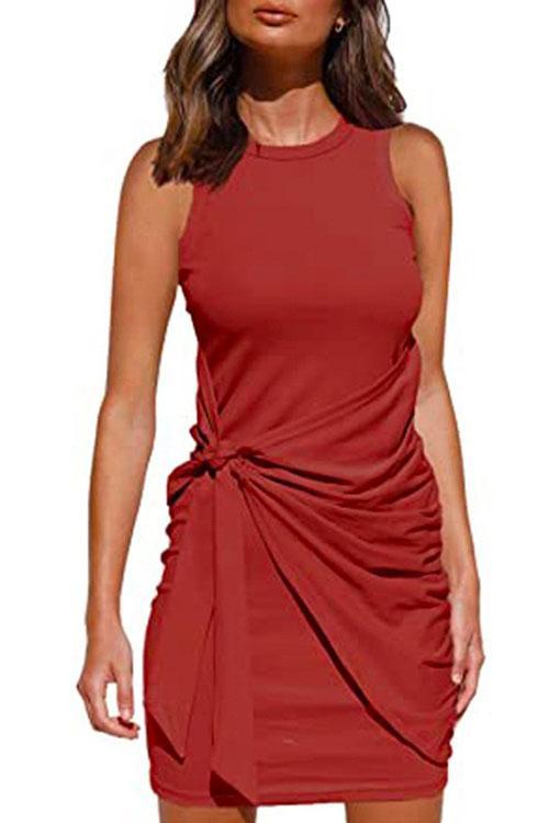 Crewneck Knot Front Ruched Sleeveless Dress BrickRed