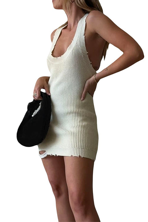 Ripped Scoop Neck Knit Mini Tank Dress Beige