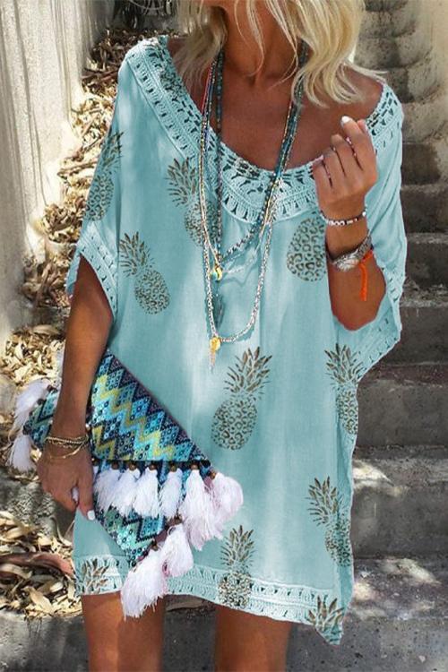 V Neck Hollow Out Pineapple Printed Batwing Beach Dress Blue