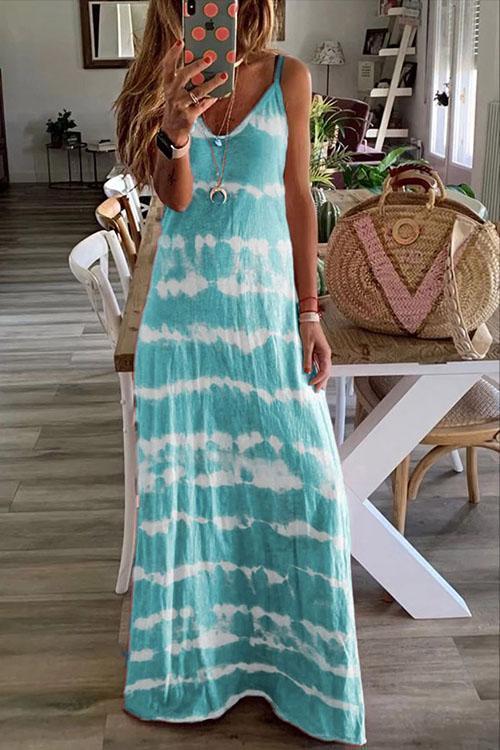 Sleeveless V Neck Tie Dye Maxi Cami Beach Dress Blue