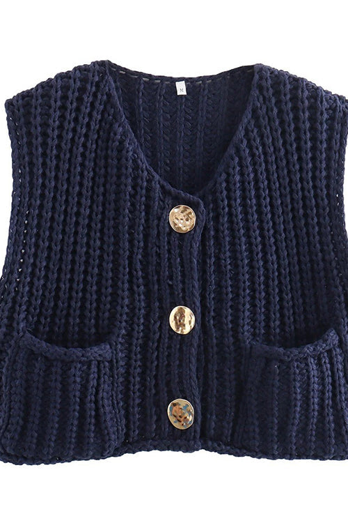 Gold Buttons Pocketed Chunky Sweater Vest