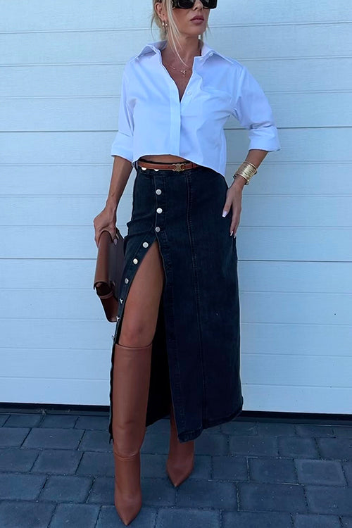 High Rise Button Down Slit Denim Skirt Black