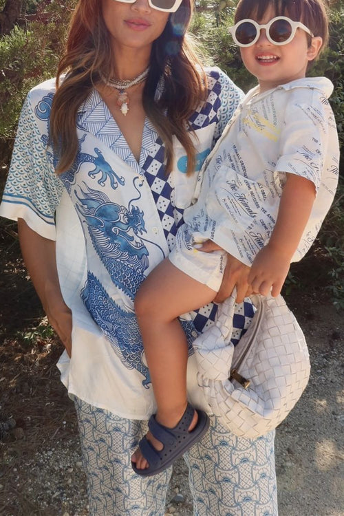 Short Sleeves Blouse Shirt Wide Leg Pants Color Block Unique Print Set