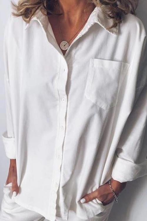 Casual Style Solid Long Sleeve Blouse Shirt White