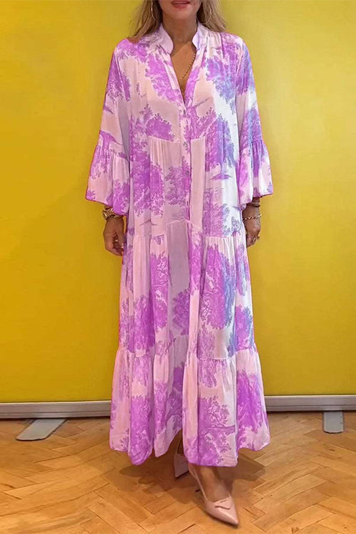 V Neck Bell Sleeves Ruffle Tiered Printed Maxi Dress Light Purple