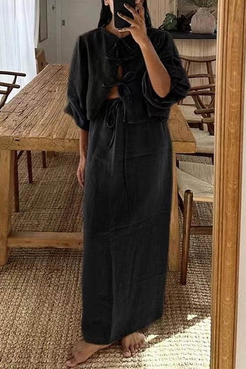 Puff Long Sleeves Lace-up Shirt Drawstring Waist Maxi Skirt Set Black