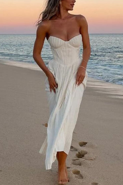 Strapless Waisted Corset Pleated Maxi Party Dress