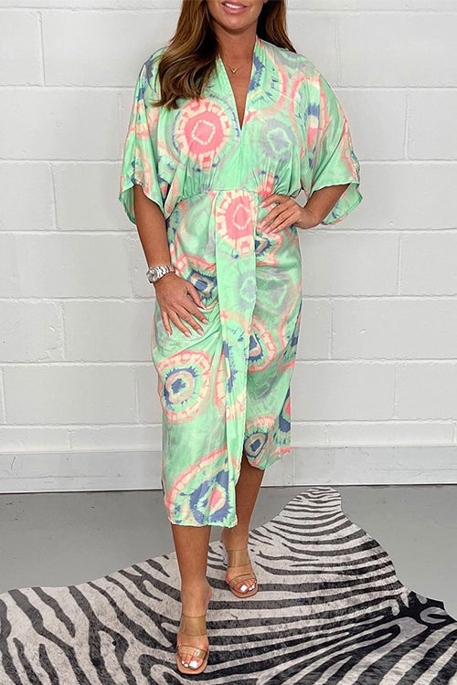 V Neck Half Sleeve Waisted Slit Printed Midi Dress Light Green