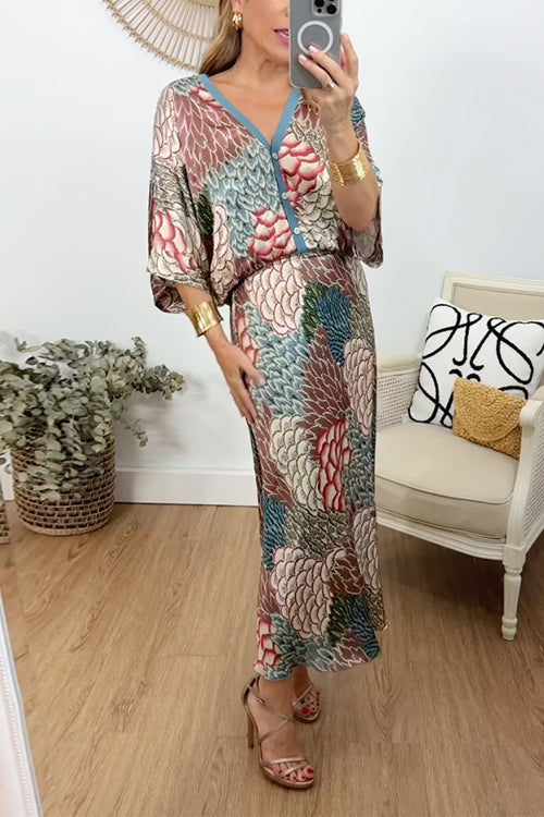 3/4 Sleeves Button Up Top and High Waist Maxi Skirt Printed Set