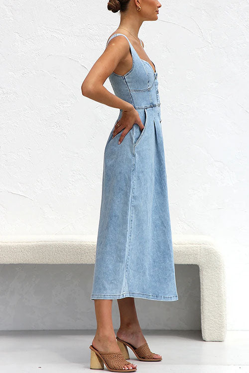 Distressed Button Down Pocketed Denim A-line Midi Cami Dress