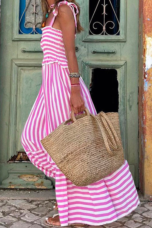Striped Bow Knot Shoulder Smocked Ruffle Maxi Holiday Dress